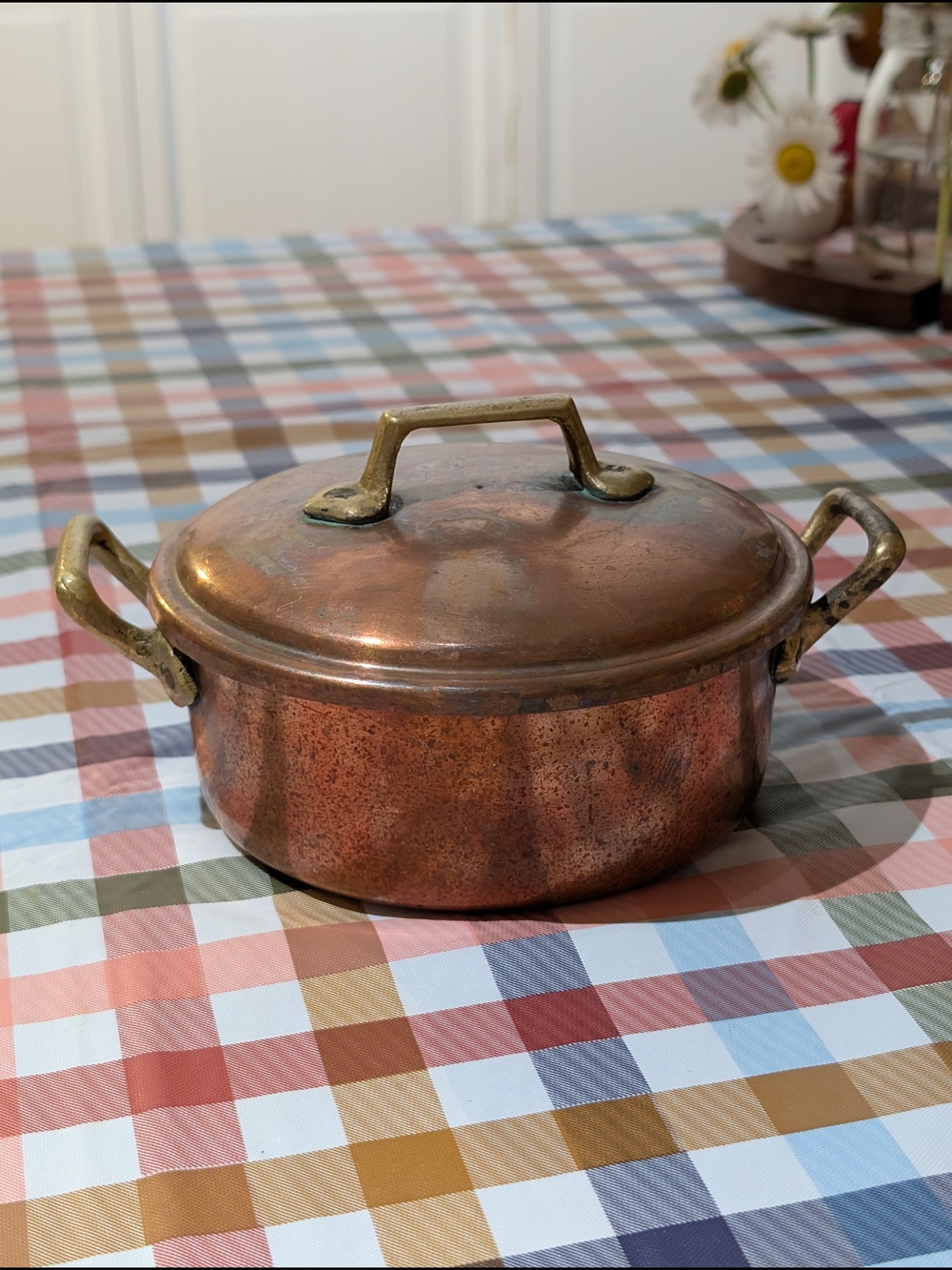 Petite Copper Covered Casserole Pot with Brass Handles